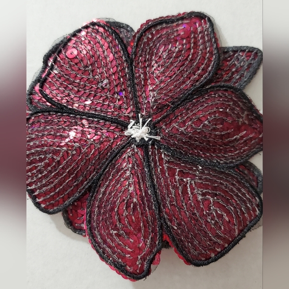 3D hibiscus beaded applique flower sew on iron on patch sequins tropical hot pnk - Picture 11 of 11